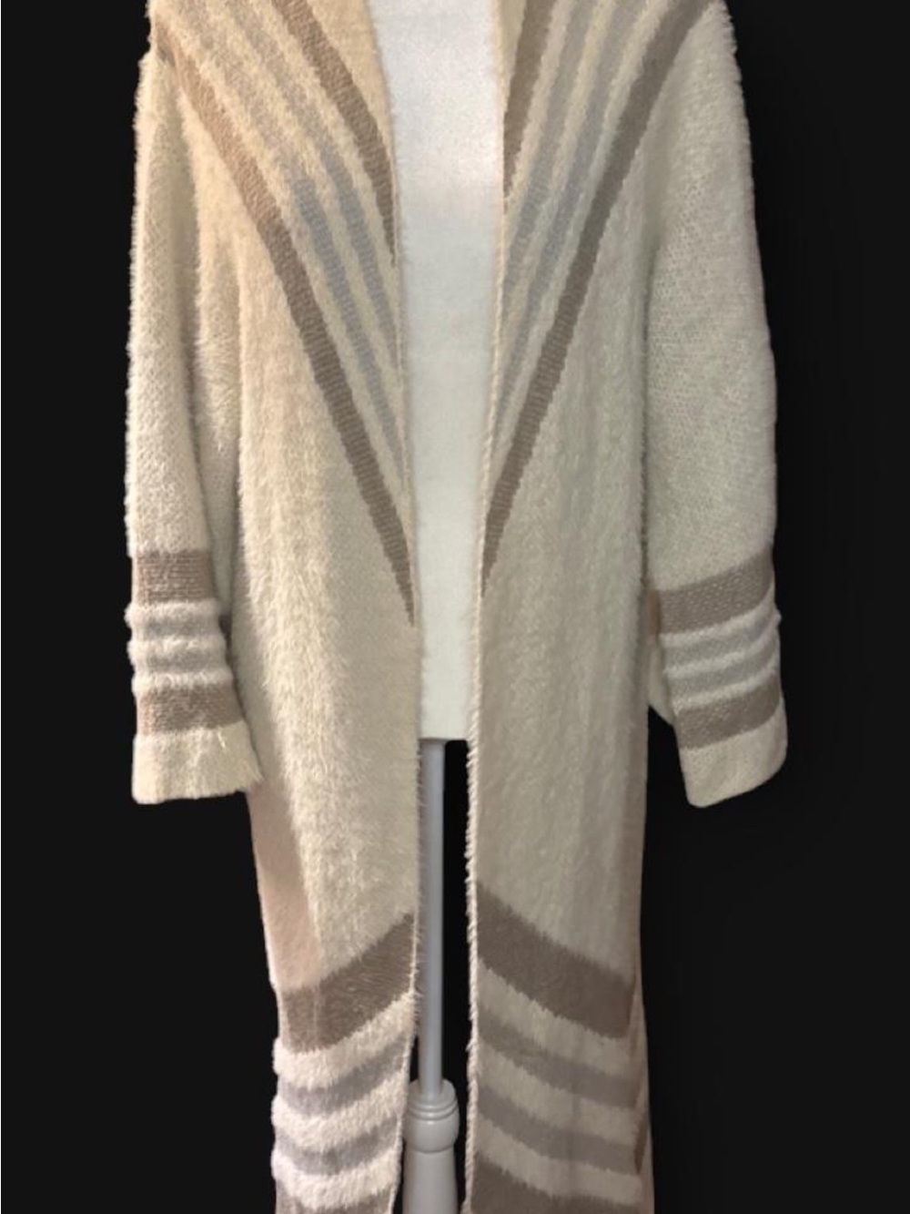 Mystree Cozy Long Open-Front Cream and Taupe Stripe Sweater Cardigan